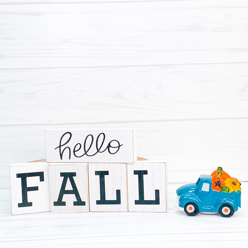 Hello fall wood blocks and blue light up truck